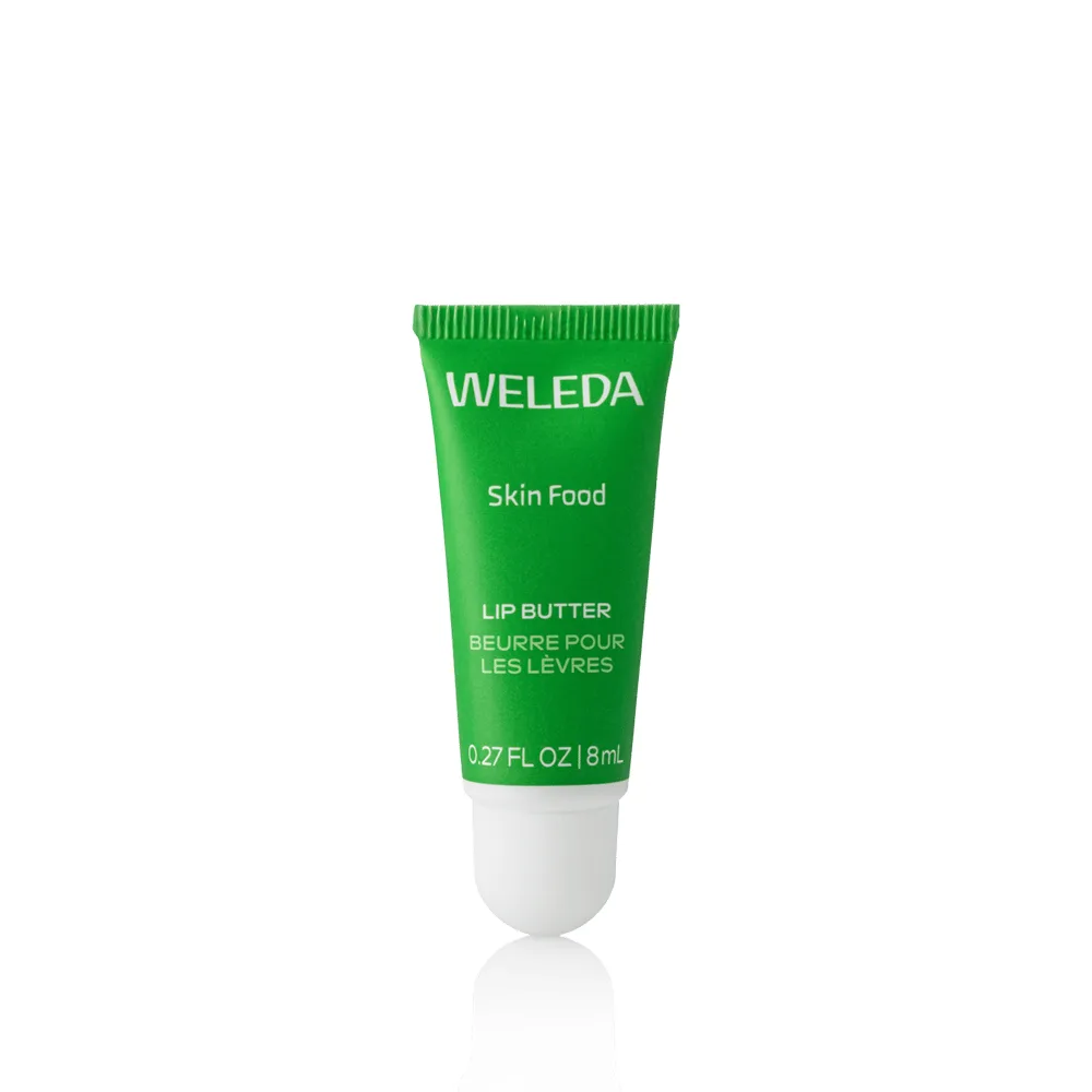 Weleda Skin Food Lip Butter 8ml green squeeze tube with white slanted applicator cap