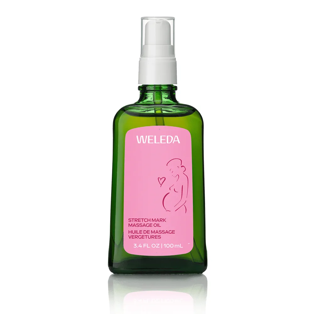 Weleda Stretch Mark Massage Oil 100ml green glass pump bottle with pink label
