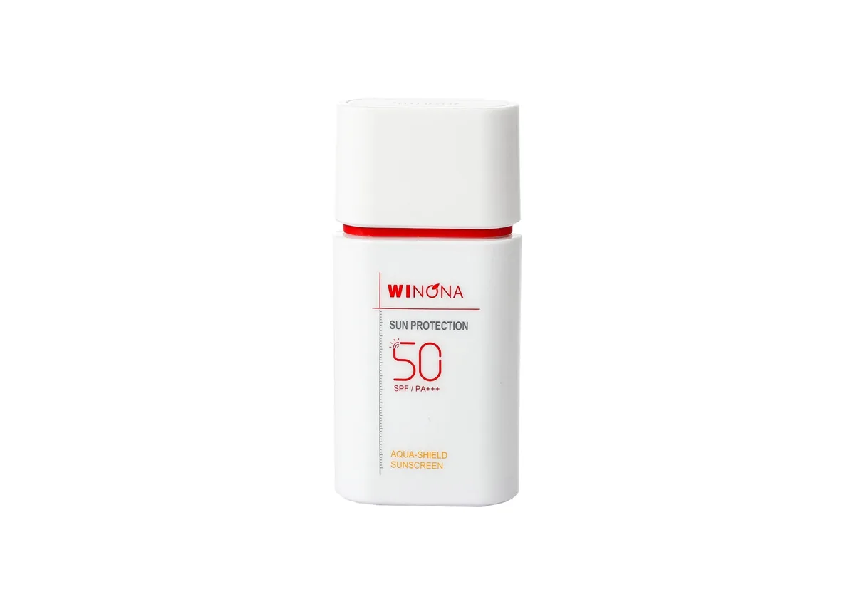 Winona Aqua-shield Sunblock Milk SPF 50 PA+++ square white bottle with red accent