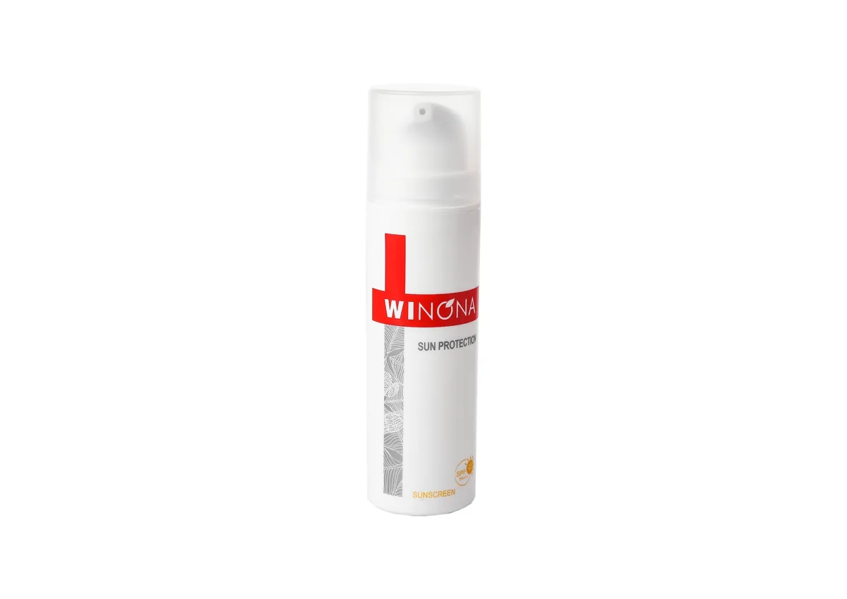 Winona Sunscreen SPF 48 PA+++ tall white airless pump tube with red branding