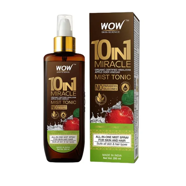 WOW Skin Science 10-in-1 Miracle Apple Cider Vinegar Mist Tonic, a refreshing multi-use facial mist with niacinamide, rose hydrosol, aloe, and apple cider vinegar