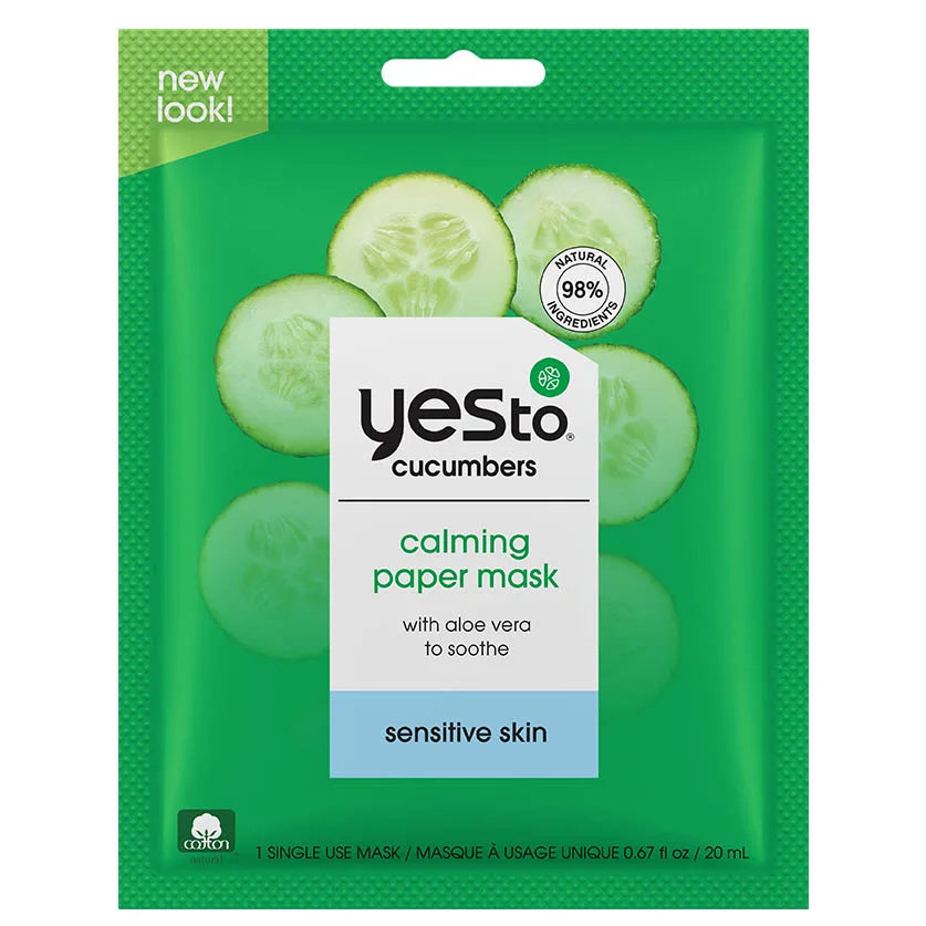 Yes To Cucumbers Calming Facial Mask, a single-use cotton sheet mask with cucumber, aloe, chamomile, and licorice for soothing and hydrating sensitive skin